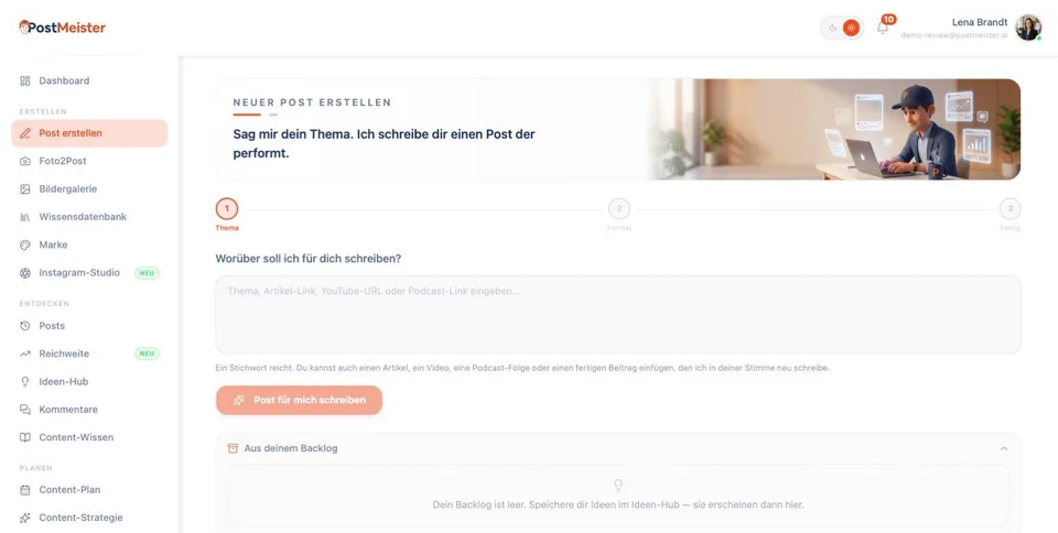 In PostMeister gibst du dein Thema für einen neuen Beitrag ein.